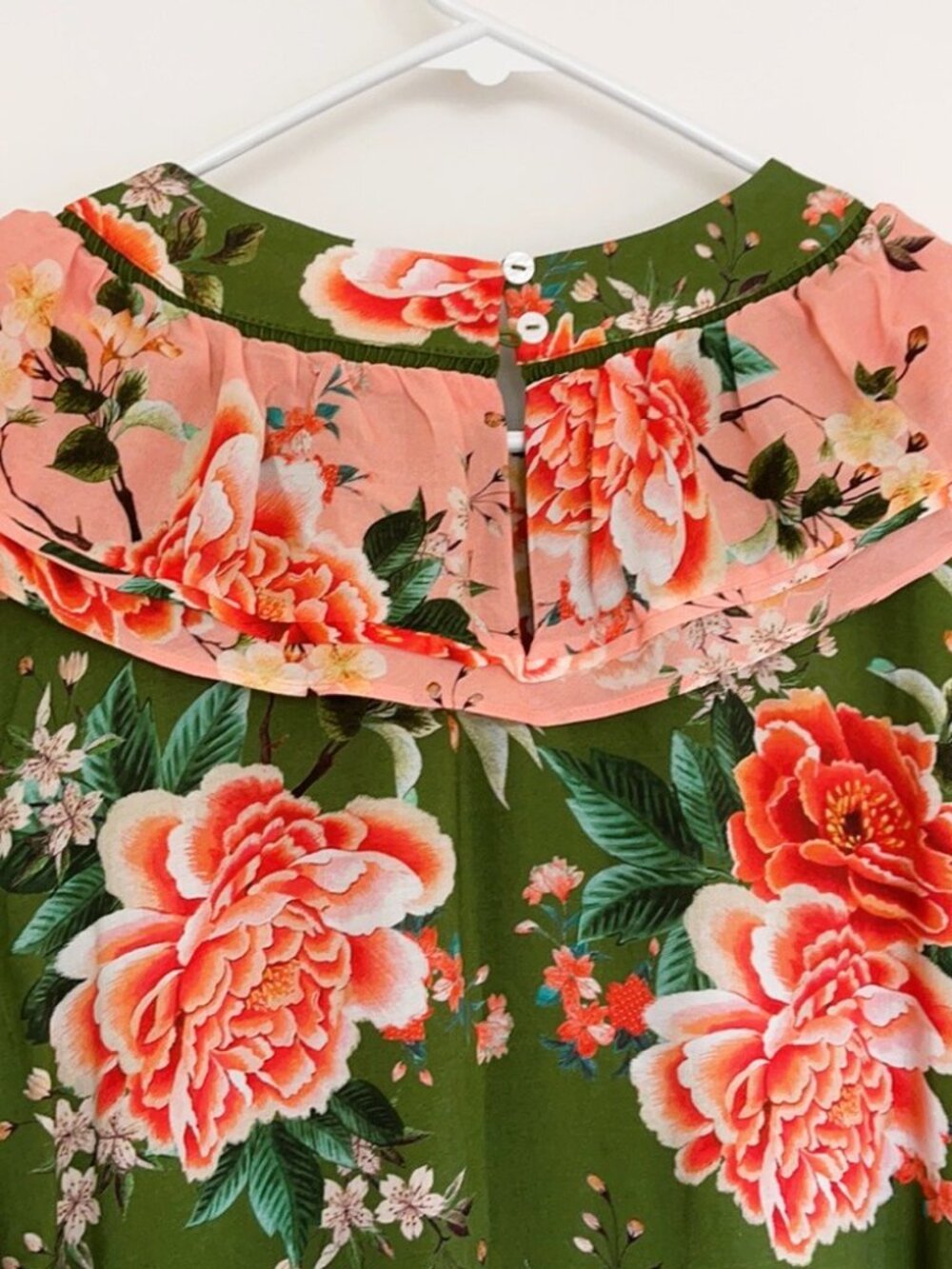 Anthropologie FARM RIO Elinor Floral Green & Peach Ruffle Colorful Tunic Dress - Picture 10 of 12